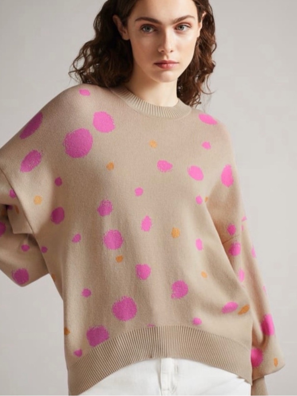 Ted Baker Beige Crewneck Sweater with Pink & Orange Polka Dots